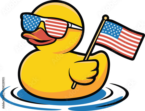 Fotografía A cartoon yellow rubber duck wearing american flag sunglasses and holding a smal