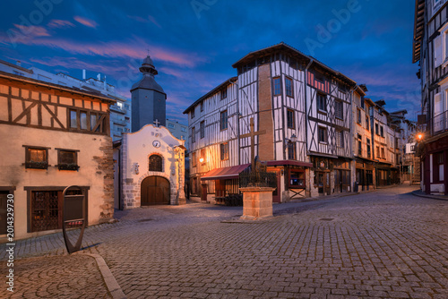 Limoges, France - view of Chapelle Saint Aurelien in historic  Butcher's Quarter (Quartier de la Boucherie) at dusk