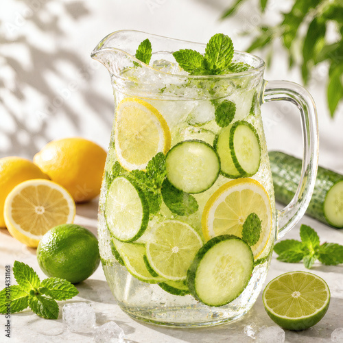 Fresh cucumber lemon and lime detox water with mint in glass pitcher