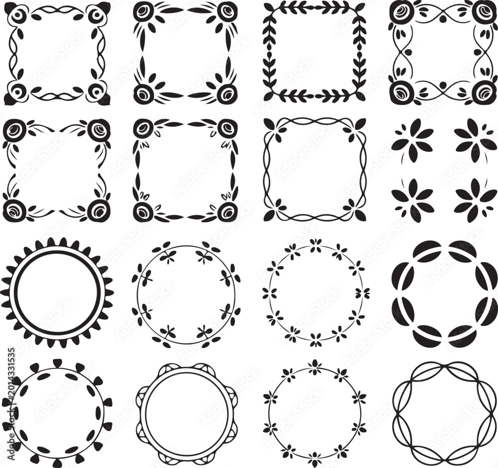 Fototapeta premium Set of decorative floral frames and borders including circles squares and round shapes with botanical elements.