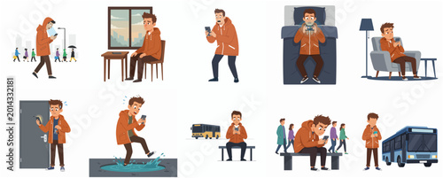 Bild auf Leinwand Smartphone Addiction and Social Isolation Concept Illustration Set