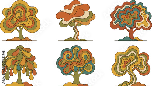 Tableau sur toile Abstract wavy trees collection psychedelic organic shapes modern design vector illustration set with flowing lines and earthy colors