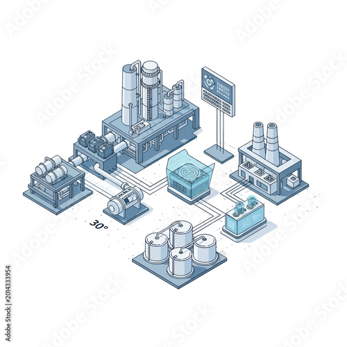 Isometric illustration of a modern industrial plant with connected machinery and storage.
