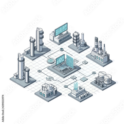 Isometric illustration of a modern factory with connected computer systems.