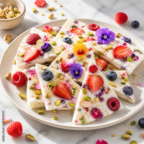 Frozen yogurt bark with berries pistachios and edible flowers healthy dessert