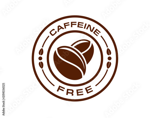 Caffeine free icon, round brown badge. Warm and natural symbol featuring coffee beans, surrounded by circular frame with text Caffeine Free and leaf motif. Vector emblem of coffee drink and cafe
