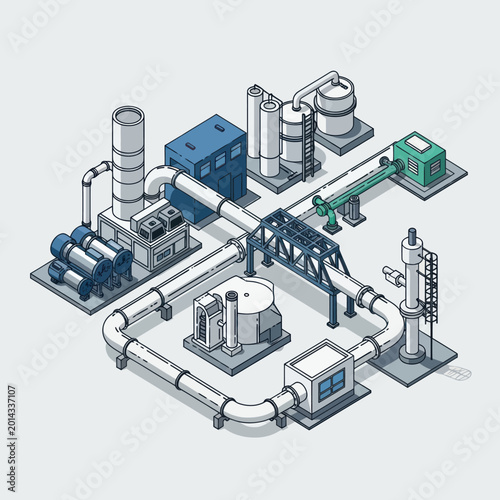 Isometric illustration of an industrial plant with pipes, tanks, and machinery.