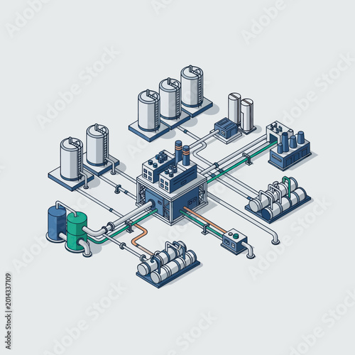 Isometric illustration of a modern industrial plant with tanks and pipelines.