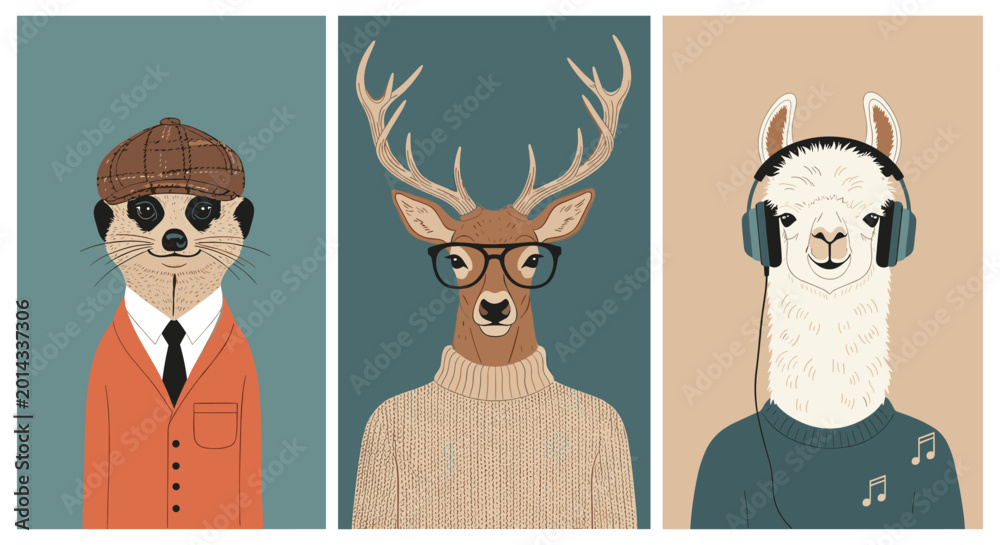 Fototapeta premium Collection of stylish animal portraits featuring a meerkat in a suit, a deer in a sweater, and a llama wearing headphones.