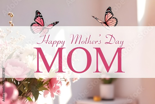 Elegant Mother’s Day greeting card featuring pink roses, delicate white flowers, butterflies, and stylish typography on a soft pastel background.
