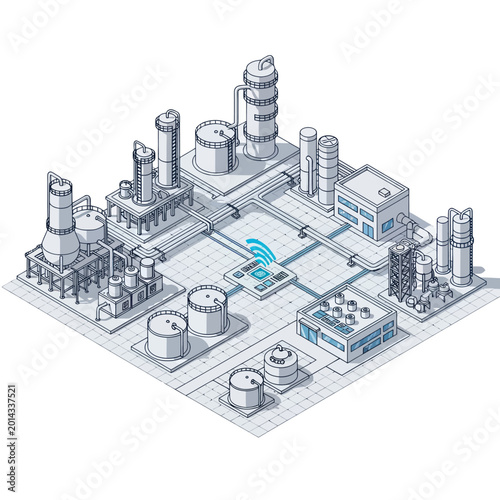 Isometric illustration of a modern industrial plant with wireless communication and data transfer.