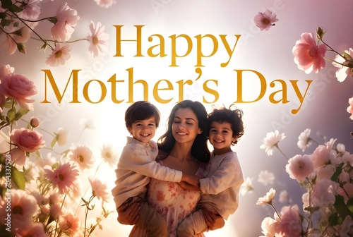 Beautiful Mother’s Day greeting design featuring a loving mother holding her smiling children, surrounded by soft pink flowers and warm golden sunlight with elegant typography.