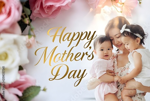 Beautiful Mother’s Day greeting design featuring a loving mother holding her smiling children, surrounded by soft pink flowers and warm golden sunlight with elegant typography.