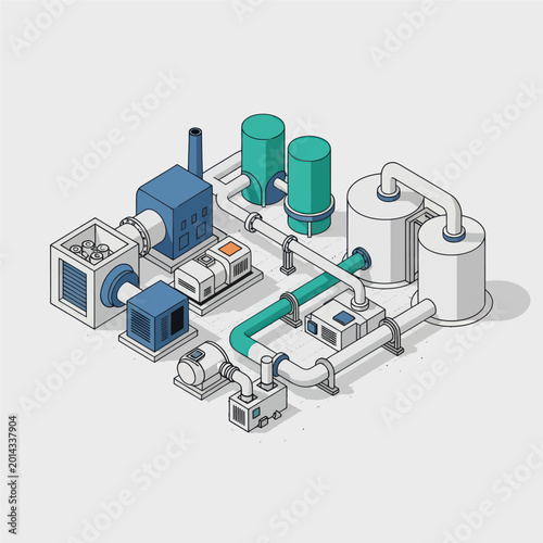 Isometric illustration of a modern industrial plant with pipes and tanks.