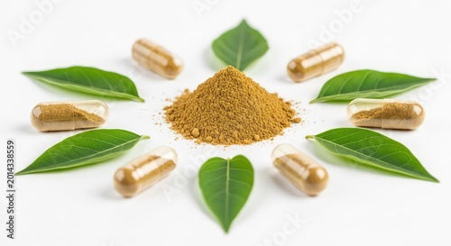 Fine herbal ashwagandha powder centered among translucent vegetable capsules and green medicinal leaves, arranged on a pure white surface, capsules, vegetarian, raw