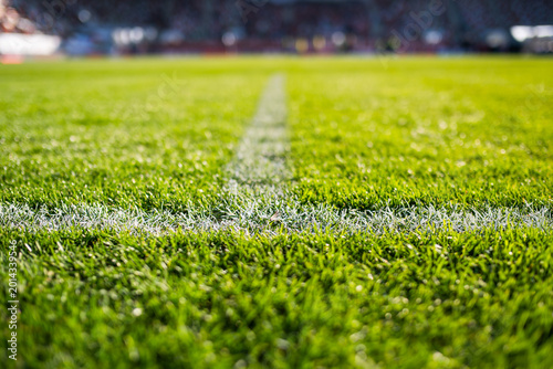 Close-up low-angle view of a white chalk boundary line on a vibrant green soccer pitch with a blurred stadium in the background.