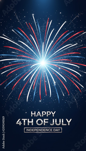 Red white and blue fireworks exploding in dark night sky