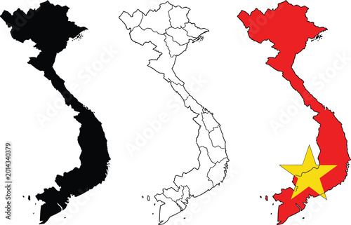 Photography Vietnam map variations solid outline and flag representation