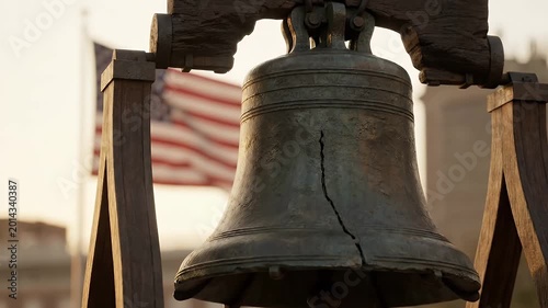 Majestic 4K Slow Motion of the Liberty Bell with an American Flag Waving in the Background during Golden Hour Sunset for Independence Day Celebration