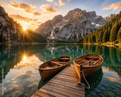 Wooden boats on crystal mountain lake during golden sunset