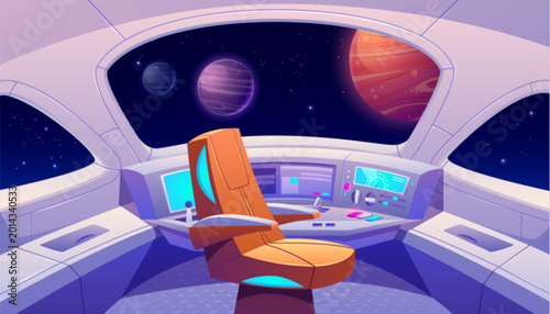 Photography Spaceship cockpit interior with futuristic control panels and glowing screens