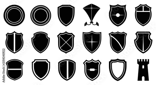 Obraz na płótnie Collection of black shield icons and crests on white background symbolizing prot