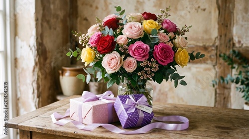 A vibrant colorful bouquet of fresh roses displayed in a glass vase next to two beautifully wrapped gift boxes tied with elegant silk purple ribbons
