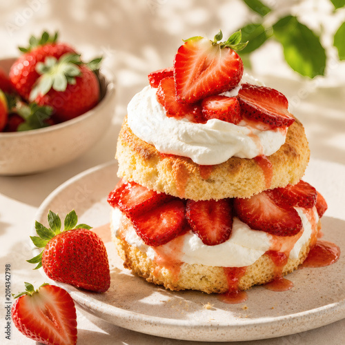 Fresh strawberry shortcake with whipped cream and juicy berries in sunlight