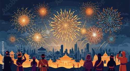 Celebration Fireworks Over City Skyline with Traditional Buildings and People Watching