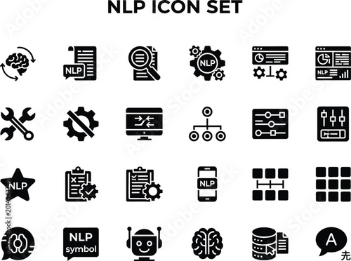 Collection of natural language processing technology icons for artificial intelligence and machine learning software development projects