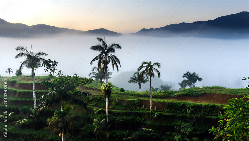 Fototapeta premium Stunning sunrise over lush green terraced fields with palm trees and misty mountains in background