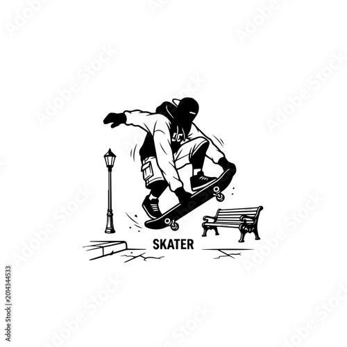 Tableau sur toile Urban Street Skater Graphic – Minimalist Skateboarder Jumping Over Park Bench