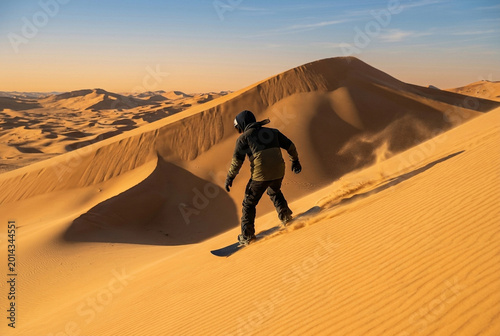 Adventurous person sandboarding down high dunes in a vast desert landscape outdoors
