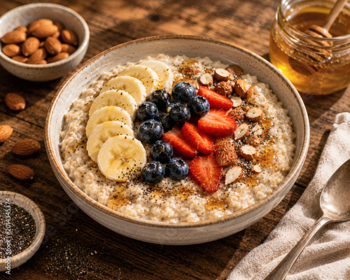 Healthy oatmeal bowl with banana blueberries strawberries almonds and honey