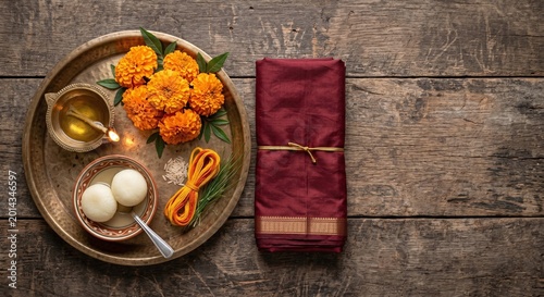 Traditional Indian puja thali with rasgulla sweets, marigold flowers, a diya lamp, and a folded saree for Jamai Sasthi and festive celebrations.