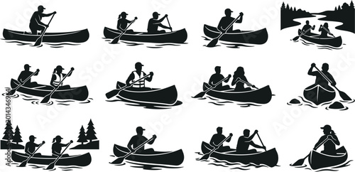 Fotografia People canoeing and kayaking on calm water isolated on white background, Vector