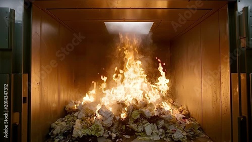 Large pile of garbage and trash burning inside an industrial incinerator furnace, producing bright flames and smoke for waste management, pollution control, and energy conversion concepts