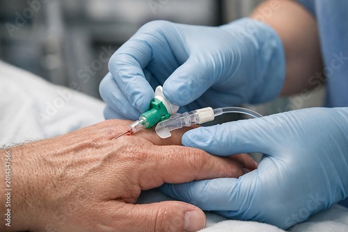 Close-up of Healthcare Professional Inserting IV Cannula into Patient's Hand