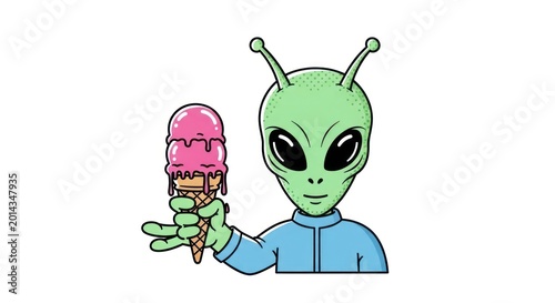 Green alien eating pink ice cream