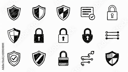 Vászonkép Security icons with shields and locks.