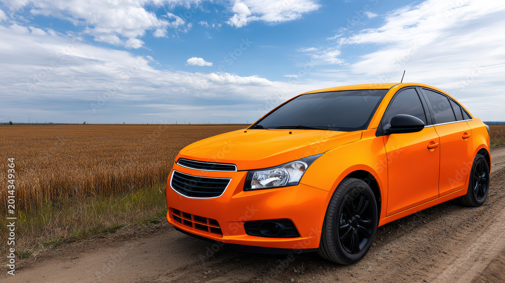 Fototapeta premium A vibrant orange sedan is parked on a rustic dirt road next to a field of golden wheat under a partly cloudy summer sky on a sunny day out in the countryside.