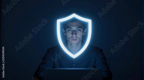 Cybersecurity Professional with Glowing Digital Shield Interface Overlaying Face while Working on Laptop in Dark Room - Facial Recognition and Data Privacy Concept