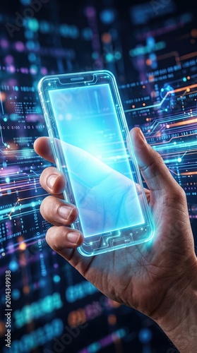 a hand holding a glowing transparent futuristic smartphone, abstract binary code and digital data background, AI and future technology concept