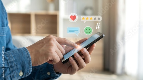 User rating and feedback on smartphone with stars heart smiley face icons social media feedback smartphone customer satisfaction experience touching