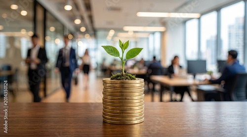 Business financial growth concept with plant growing on stack of coins in modern office