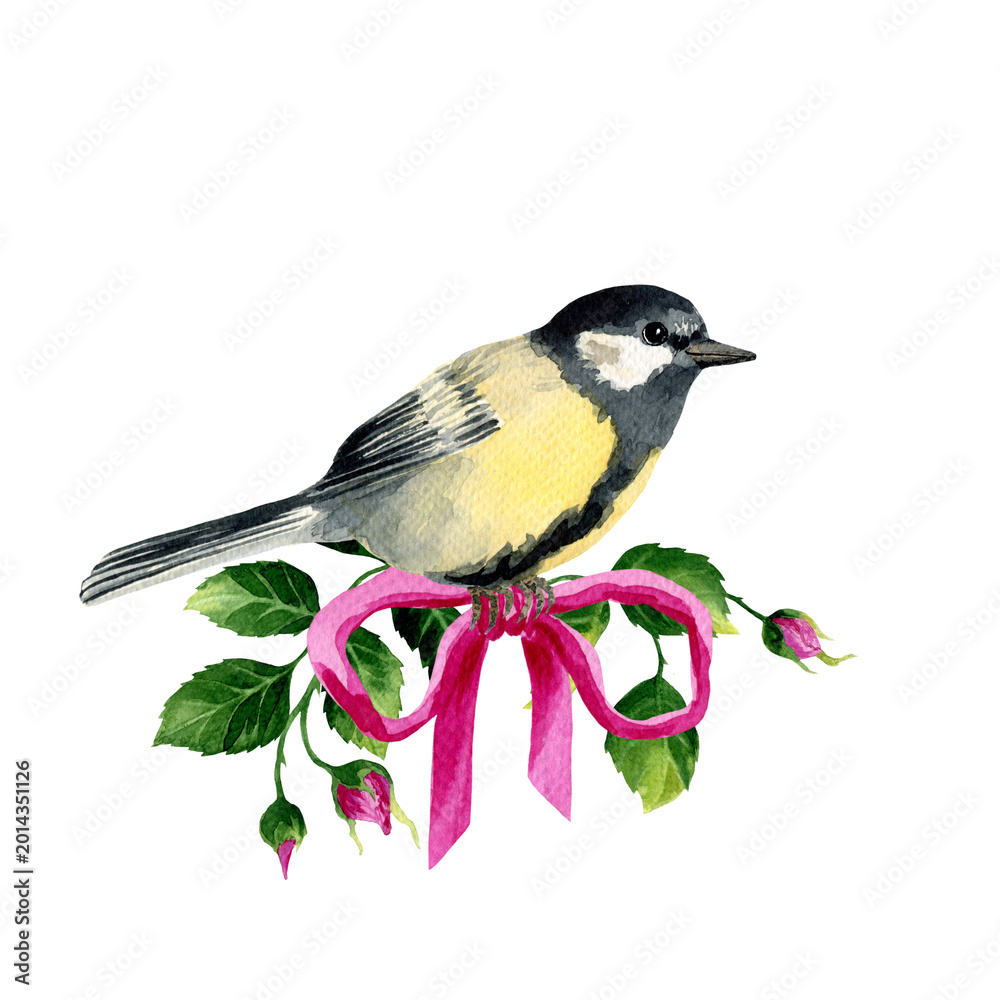 Obraz premium Tit bird with bow, rose buds and leaves. Watercolor illustration isolated on white background. Sublimation arrangement on a botanical theme