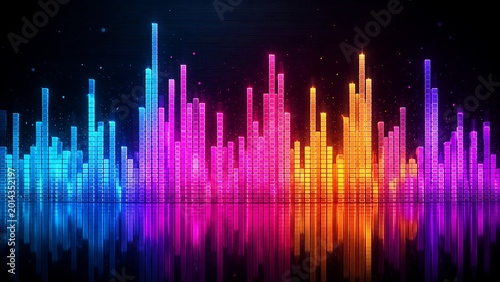 Ultra‑high‑resolution abstract wallpaper in 16:9 aspect ratio. A highly detailed stylized audio equalizer with dozens of vertical bars of varying heights, each with smooth gradient transitions from