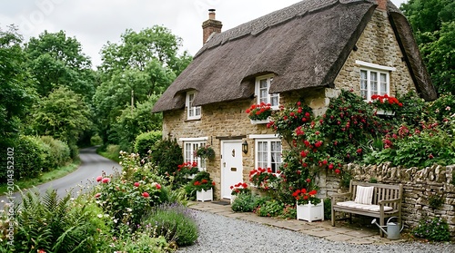 Charming stone cottage with thatched roof surrounded by abundant blooming red roses and lush greenery