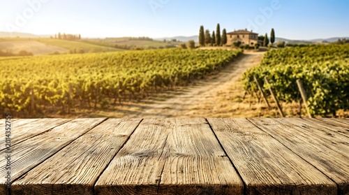 Rustic wooden table in foreground overlooking a lush vineyard with a farmhouse in the distance under a clear sky
