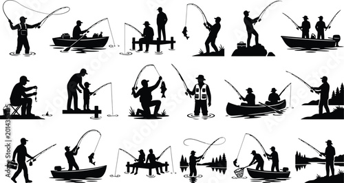 Fotografie People fishing in boats and shore illustration isolated on white background, Vec